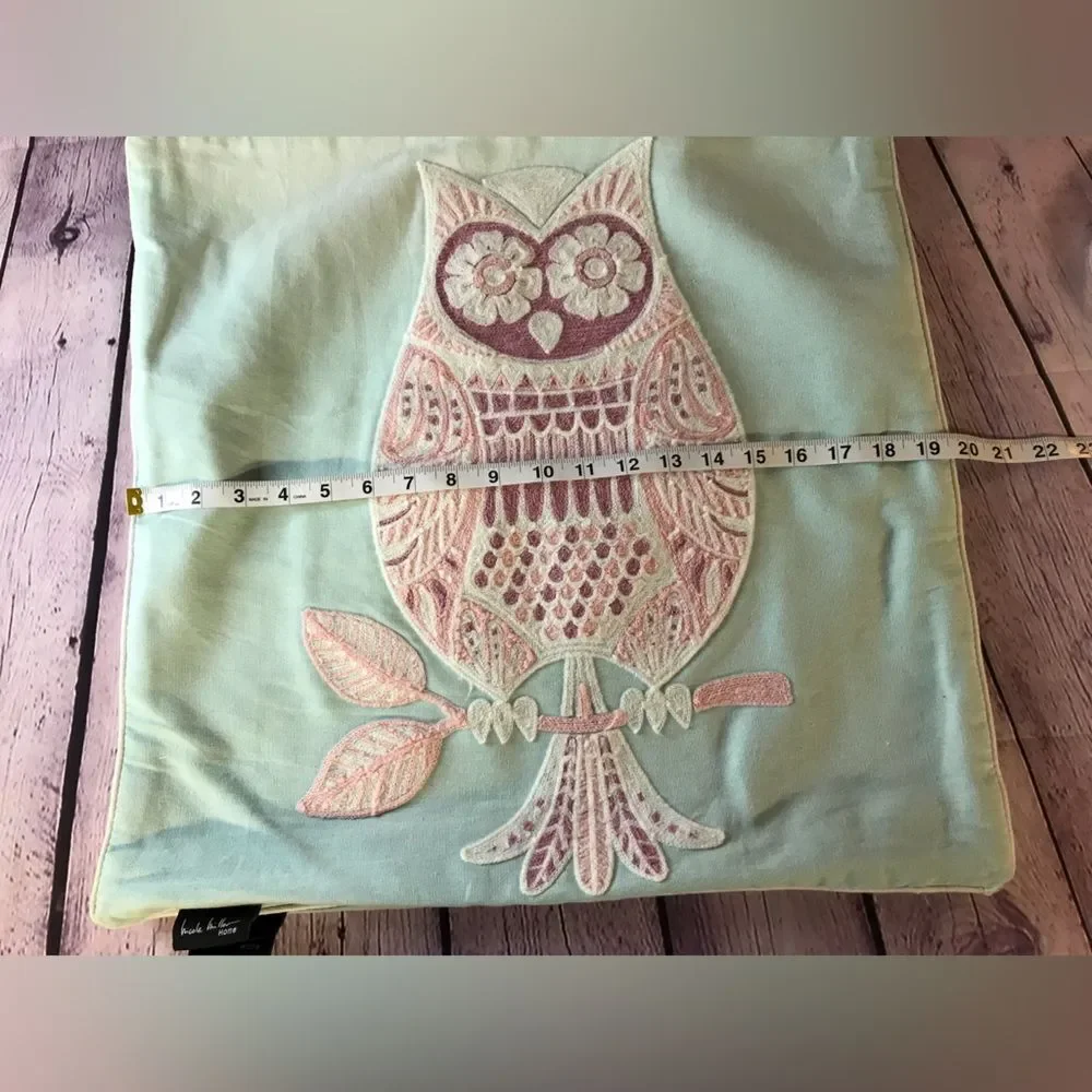 Nicole Miller Boho Mint Green Lilac Decorative Pillow Covers Embroidered Owl (2)